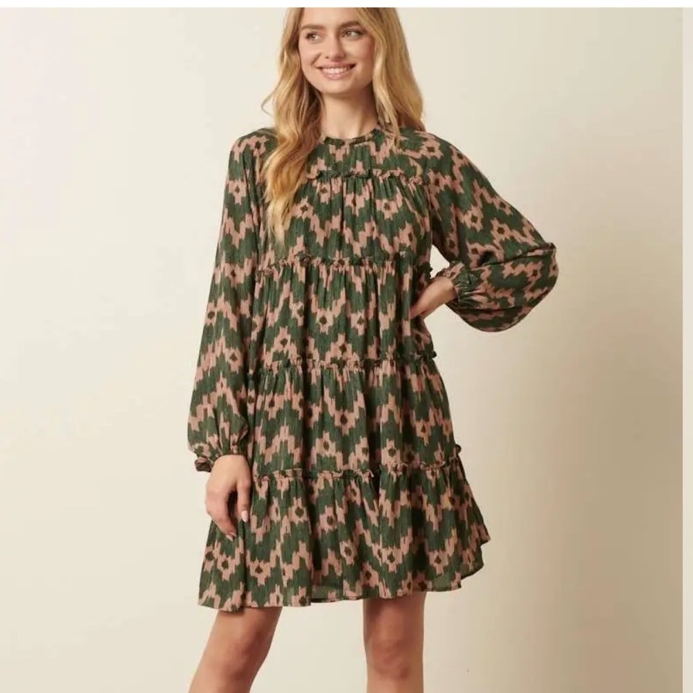 Mittoshop Ikat Print Ruffle Mock Neck Mini Dress‎ Retro